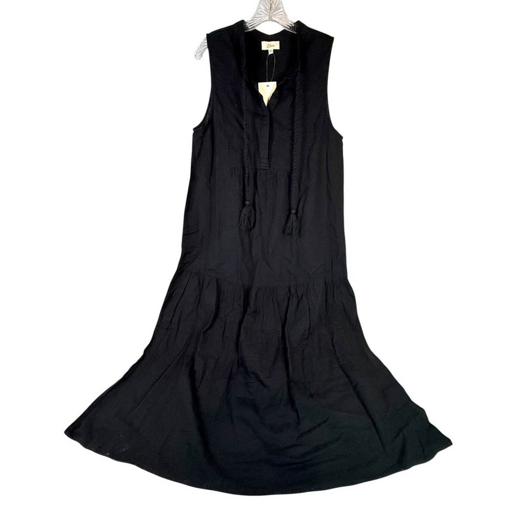 Elan Black Linen Blendโ Midi Dress XL Tassel Tie Boho Sleeveless NWT Resort